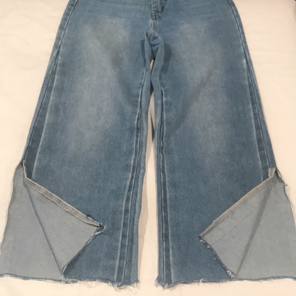 Blank Paige Denim Collection Wide Leg Mid Rise Med Wash Frayed Hem Slit Side S - Picture 9 of 16
